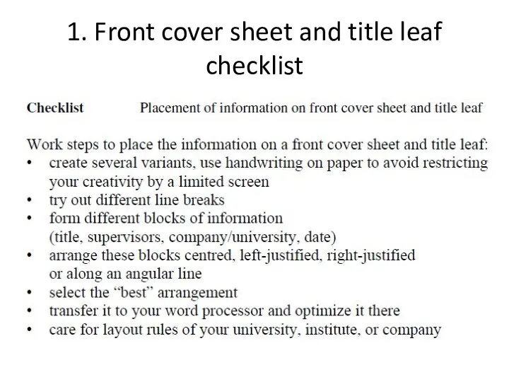 1. Front cover sheet and title leaf checklist