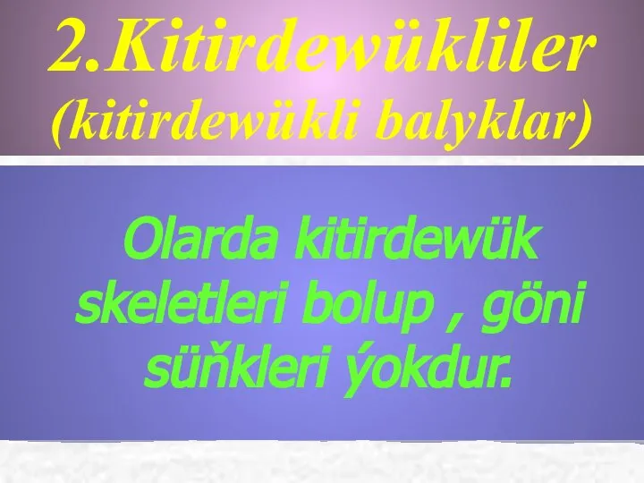 Olarda kitirdewük skeletleri bolup , göni süňkleri ýokdur. 2.Kitirdewükliler (kitirdewükli balyklar)