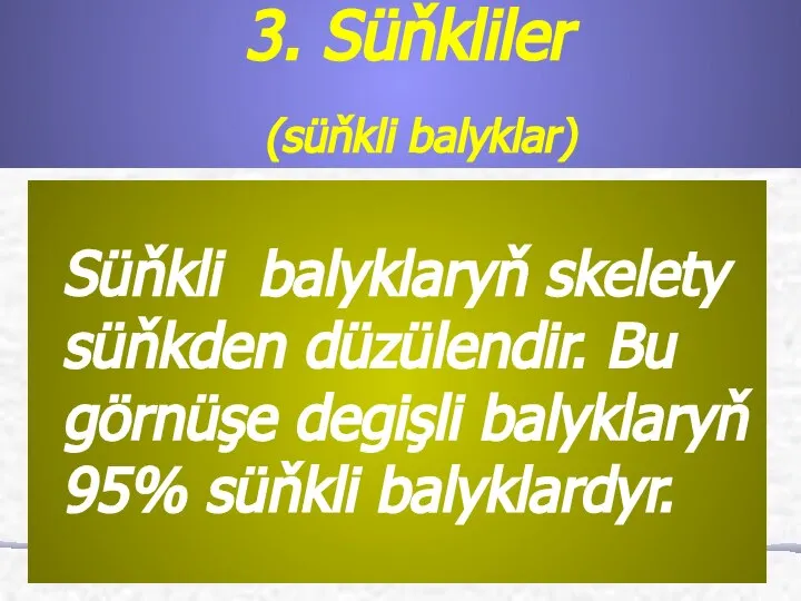 Süňkli balyklaryň skelety süňkden düzülendir. Bu görnüşe degişli balyklaryň 95% süňkli balyklardyr. 3. Süňkliler (süňkli balyklar)