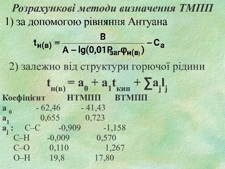 Розрахункові методи визначення ТМПП 2) залежно від структури горючої рідини tн(в) =