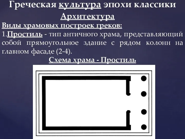 Греческая культура эпохи классики Виды храмовых построек греков: 1.Простиль - тип античного