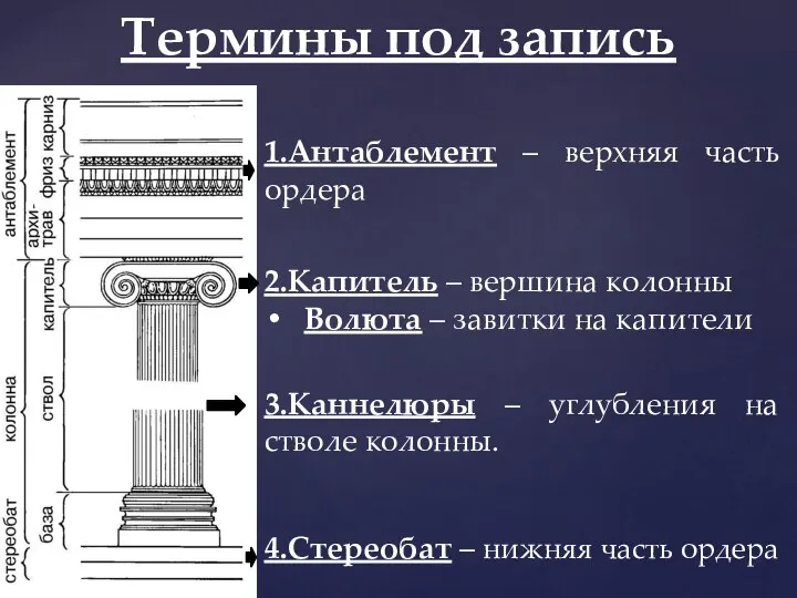 Термины под запись 3.Каннелюры – углубления на стволе колонны. 2.Капитель – вершина