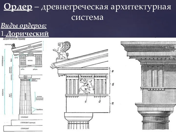 Ордер – древнегреческая архитектурная система Виды ордеров: 1.Дорический