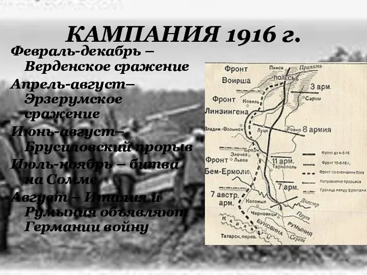 КАМПАНИЯ 1916 г. Февраль-декабрь – Верденское сражение Апрель-август– Эрзерумское сражение Июнь-август– Брусиловский