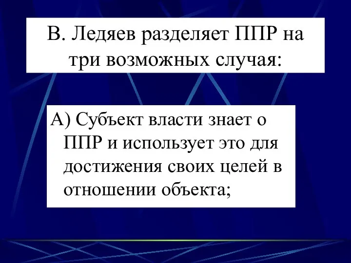 В. Ледяев разделяет ППР на три возможных случая: А) Субъект власти знает