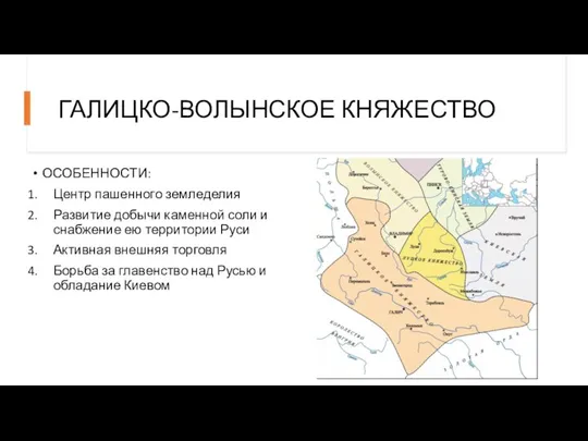 ГАЛИЦКО-ВОЛЫНСКОЕ КНЯЖЕСТВО ОСОБЕННОСТИ: Центр пашенного земледелия Развитие добычи каменной соли и снабжение