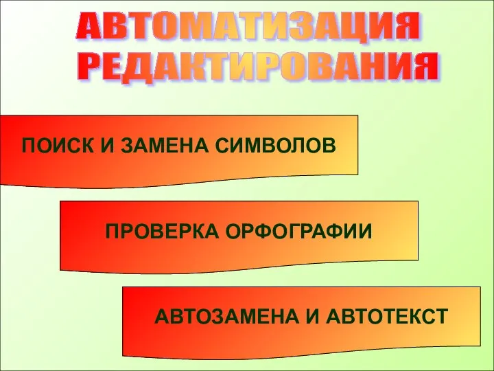 ПОИСК И ЗАМЕНА СИМВОЛОВ АВТОМАТИЗАЦИЯ РЕДАКТИРОВАНИЯ ПОИСК И ЗАМЕНА СИМВОЛОВ ПРОВЕРКА ОРФОГРАФИИ АВТОЗАМЕНА И АВТОТЕКСТ