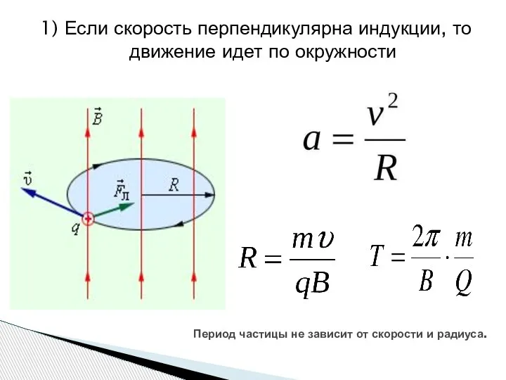 1) Если скорость перпендикулярна индукции, то движение идет по окружности Период частицы