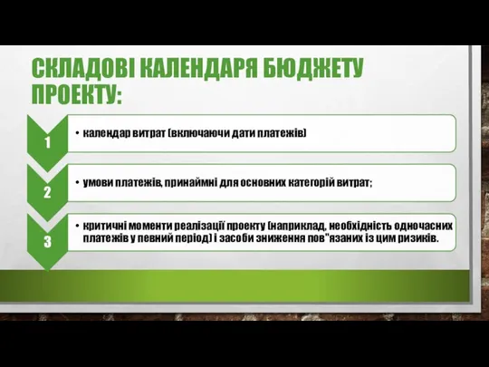 СКЛАДОВІ КАЛЕНДАРЯ БЮДЖЕТУ ПРОЕКТУ: