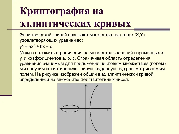 Криптография на эллиптических кривых Эллиптической кривой называют множество пар точек (X,Y), удовлетворяющих