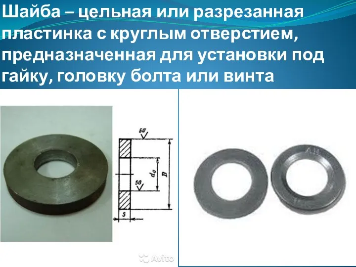 Шайба – цельная или разрезанная пластинка с круглым отверстием, предназначенная для установки