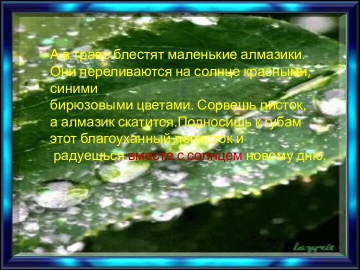 А в траве блестят маленькие алмазики. Они переливаются на солнце красными,синими бирюзовыми