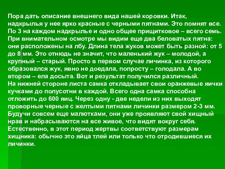 Пора дать описание внешнего вида нашей коровки. Итак, надкрылья у нее ярко