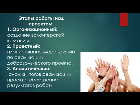 Этапы работы над проектом: 1. Организационный: создание волонтерской команды. 2. Проектный: планирование