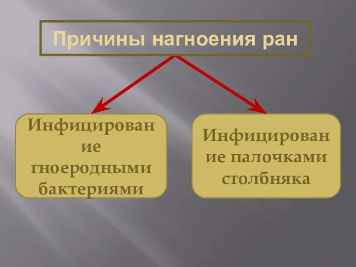 Инфицирование гноеродными бактериями Инфицирование палочками столбняка Причины нагноения ран