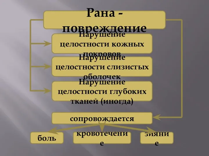 Рана - повреждение Нарушение целостности кожных покровов Нарушение целостности слизистых оболочек Нарушение