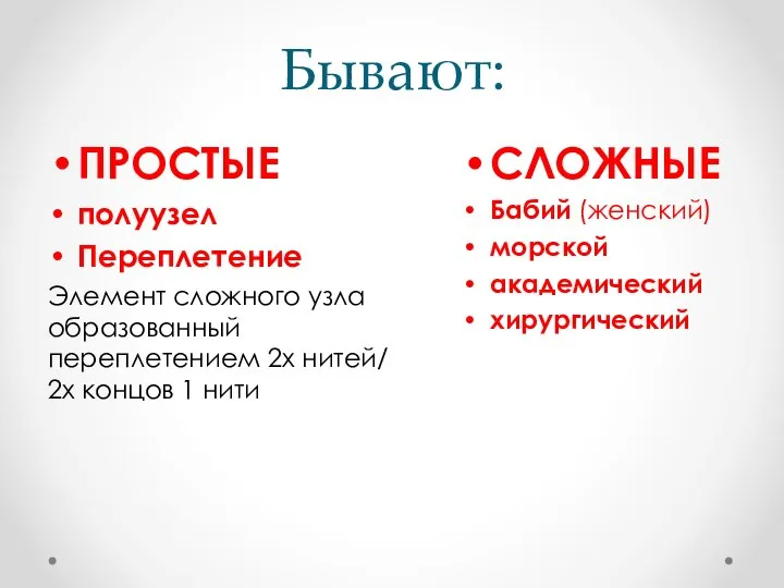 Бывают: СЛОЖНЫЕ Бабий (женский) морской академический хирургический ПРОСТЫЕ полуузел Переплетение Элемент сложного