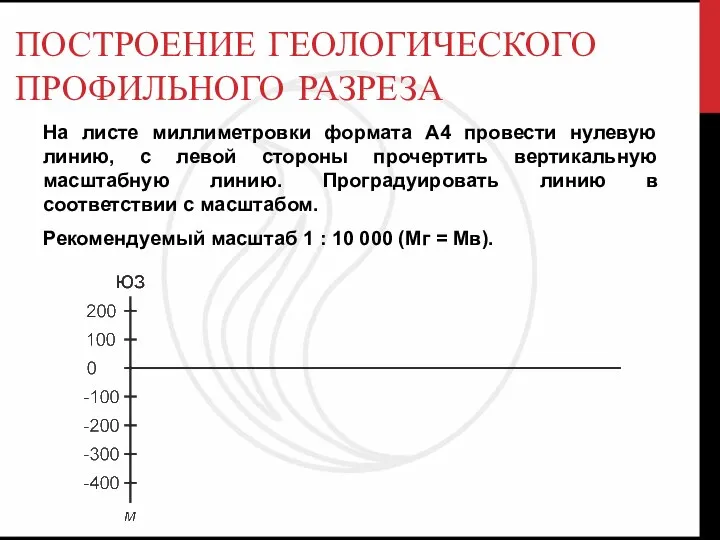 ПОСТРОЕНИЕ ГЕОЛОГИЧЕСКОГО ПРОФИЛЬНОГО РАЗРЕЗА На листе миллиметровки формата А4 провести нулевую линию,