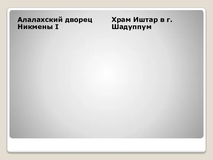 Алалахский дворец Никмены I Храм Иштар в г. Шадуппум