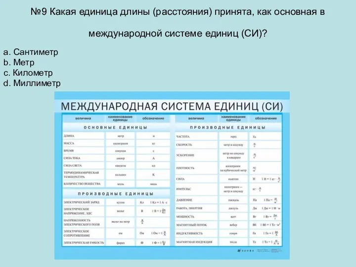 №9 Какая единица длины (расстояния) принята, как основная в международной системе единиц