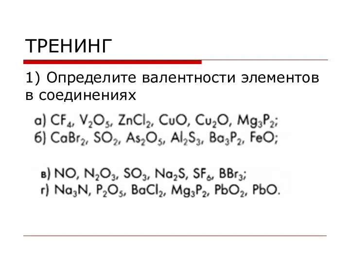 ТРЕНИНГ 1) Определите валентности элементов в соединениях