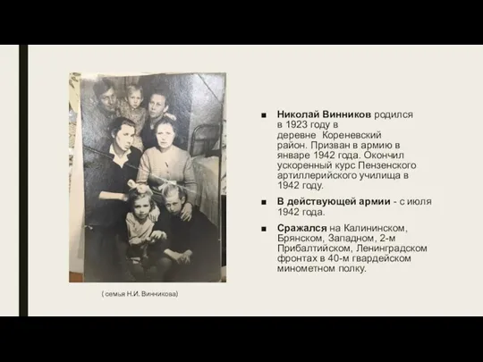 Николай Винников родился в 1923 году в деревне Кореневский район. Призван в