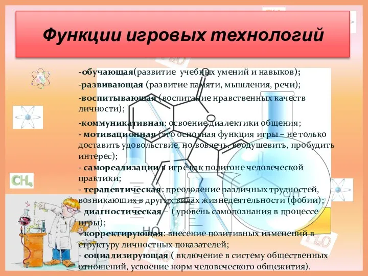 Функции игровых технологий -обучающая(развитие учебных умений и навыков); -развивающая (развитие памяти, мышления,