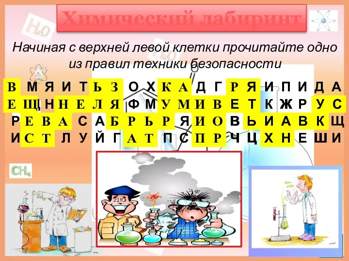 Химический лабиринт Начиная с верхней левой клетки прочитайте одно из правил техники безопасности