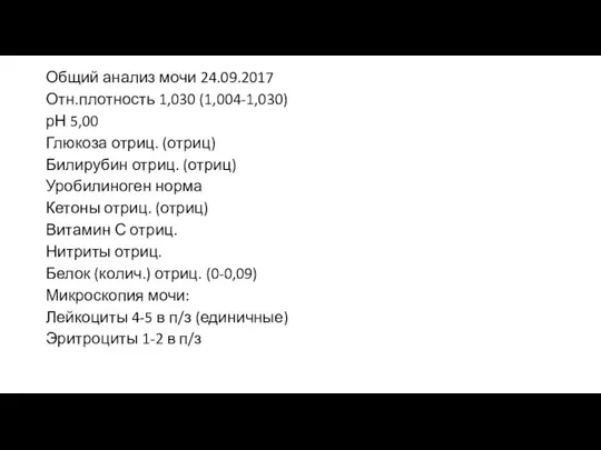 Общий анализ мочи 24.09.2017 Отн.плотность 1,030 (1,004-1,030) рН 5,00 Глюкоза отриц. (отриц)