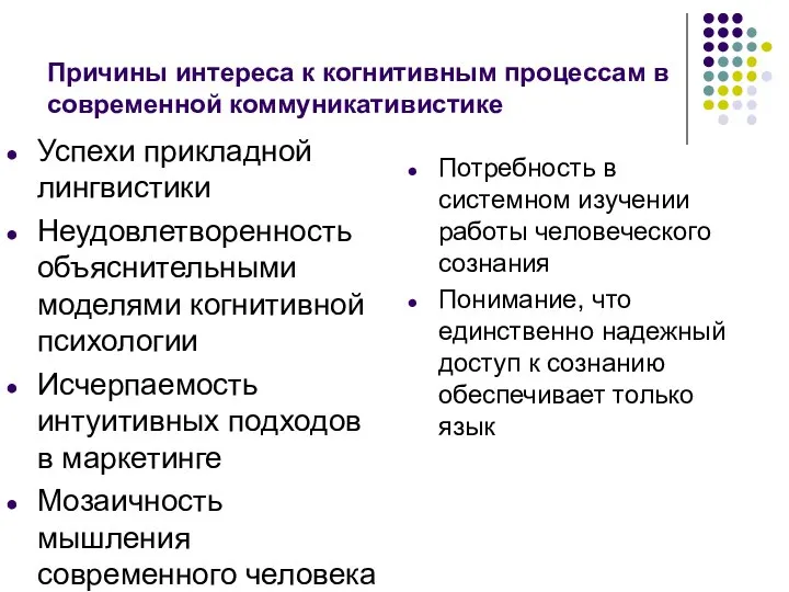 Причины интереса к когнитивным процессам в современной коммуникативистике Успехи прикладной лингвистики Неудовлетворенность