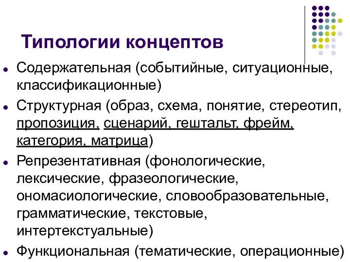 Типологии концептов Содержательная (событийные, ситуационные, классификационные) Структурная (образ, схема, понятие, стереотип, пропозиция,