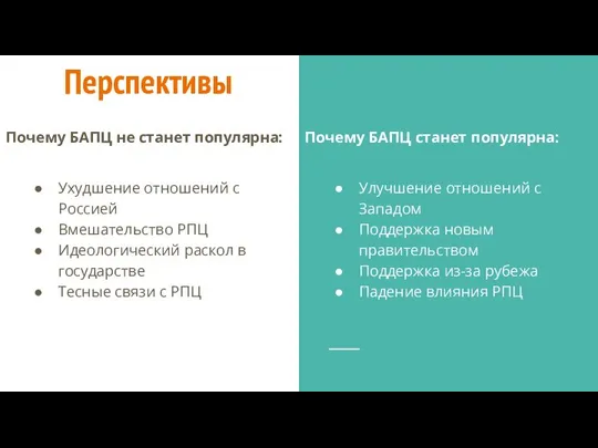 Перспективы Ухудшение отношений с Россией Вмешательство РПЦ Идеологический раскол в государстве Тесные