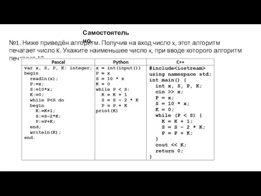 Самостоятельно. №1. Ниже приведён алгоритм. Получив на вход число x, этот алгоритм