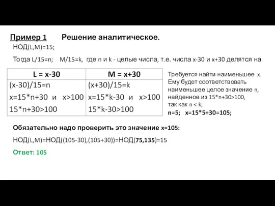 НОД(L,M)=15; Тогда L/15=n; M/15=k, где n и k - целые числа, т.е.