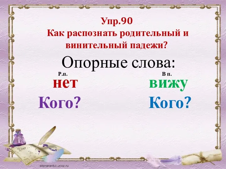 Упр.90 Как распознать родительный и винительный падежи? Опорные слова: нет вижу Кого? Кого? Р.п. В п.