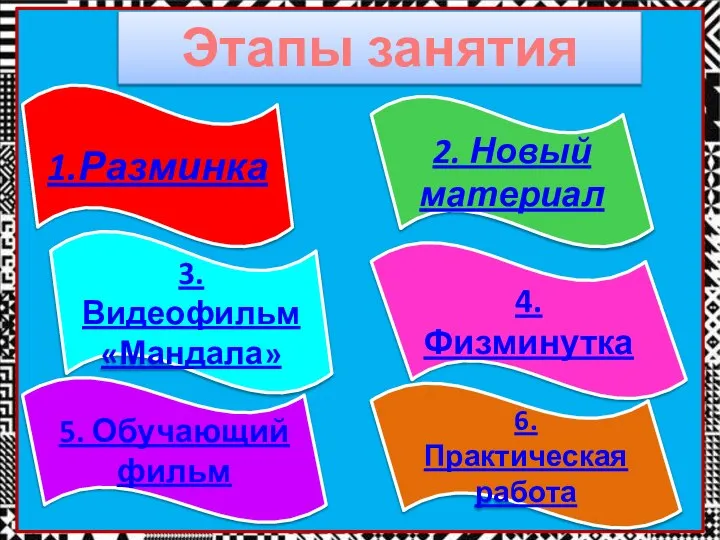 1.Разминка 2. Новый материал 3.Видеофильм «Мандала» 4.Физминутка Этапы занятия 5. Обучающий фильм 6. Практическая работа