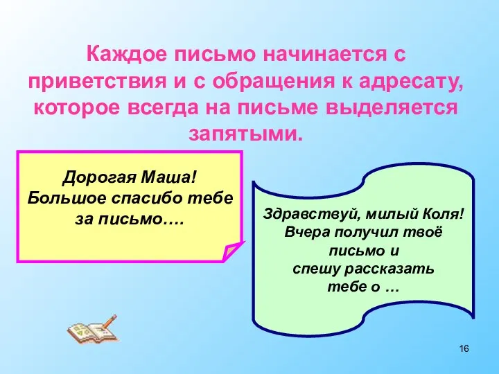 Каждое письмо начинается с приветствия и с обращения к адресату, которое всегда