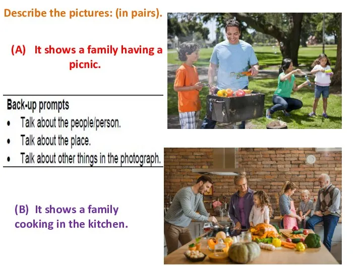Describe the pictures: (in pairs). (A) It shows a family having a