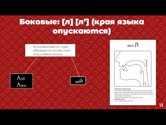 Боковые: [л] [л’] (края языка опускаются) Аппроксиманты: шум образуется только при отсутствии голоса дай