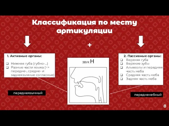 Классификация по месту артикуляции 1. Активные органы: Нижняя губа (губно-…) Разные части