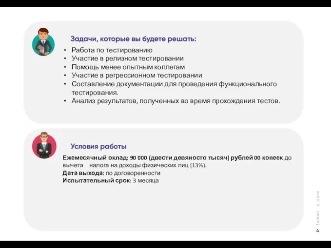 Работа по тестированию Участие в релизном тестировании Помощь менее опытным коллегам Участие