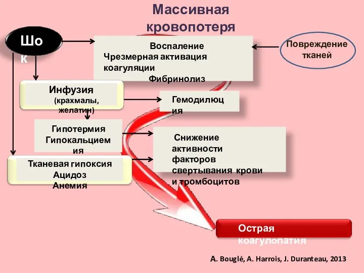 Массивная кровопотеря Повреждение тканей Воспаление Чрезмерная активация коагуляции Фибринолиз Гемодилюция Снижение активности