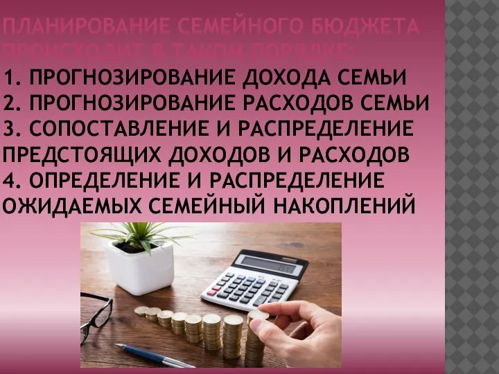 ПЛАНИРОВАНИЕ СЕМЕЙНОГО БЮДЖЕТА ПРОИСХОДИТ В ТАКОМ ПОРЯДКЕ: 1. ПРОГНОЗИРОВАНИЕ ДОХОДА СЕМЬИ 2.