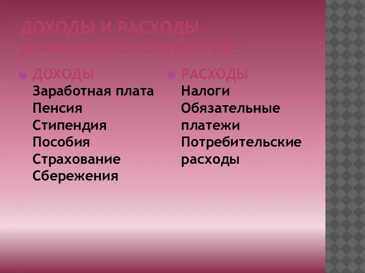 ДОХОДЫ И РАСХОДЫ ДОМАШНЕГО ХОЗЯЙСТВА: ДОХОДЫ Заработная плата Пенсия Стипендия Пособия Страхование