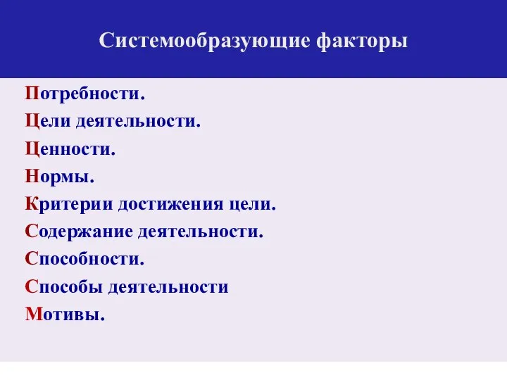 Системообразующие факторы Потребности. Цели деятельности. Ценности. Нормы. Критерии достижения цели. Содержание деятельности. Способности. Способы деятельности Мотивы.