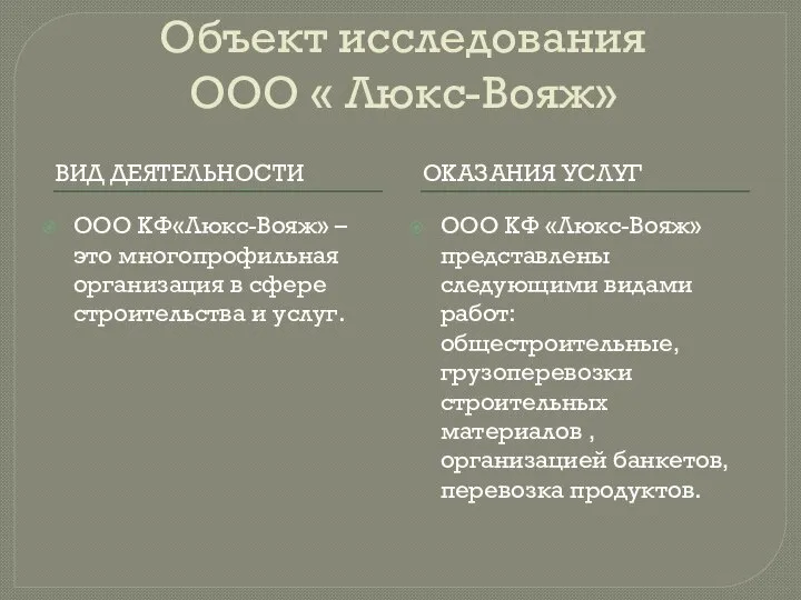 Объект исследования ООО « Люкс-Вояж» ВИД ДЕЯТЕЛЬНОСТИ ОКАЗАНИЯ УСЛУГ OOО КФ«Люкс-Вояж» –