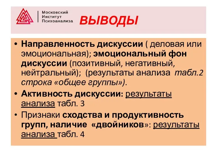 ВЫВОДЫ Направленность дискуссии ( деловая или эмоциональная); эмоциональный фон дискуссии (позитивный, негативный,