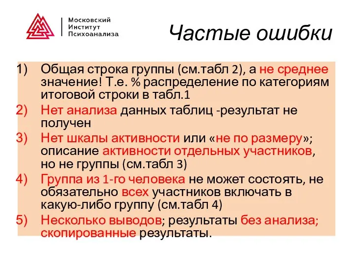 Частые ошибки Общая строка группы (см.табл 2), а не среднее значение! Т.е.