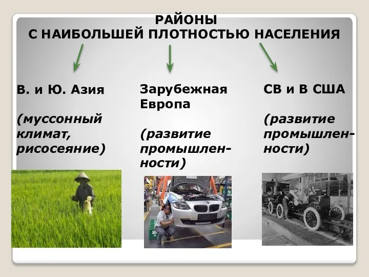 РАЙОНЫ С НАИБОЛЬШЕЙ ПЛОТНОСТЬЮ НАСЕЛЕНИЯ В. и Ю. Азия (муссонный климат, рисосеяние)