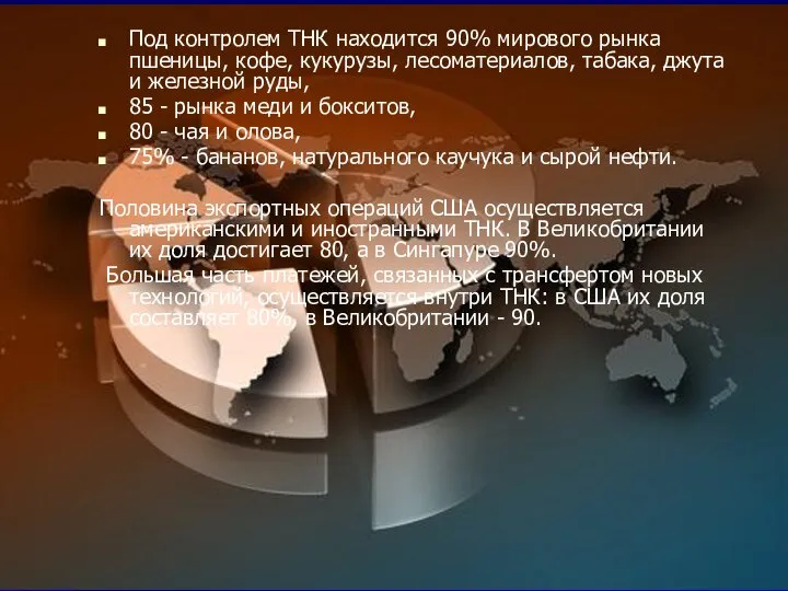 Под контролем ТНК находится 90% мирового рынка пшеницы, кофе, кукурузы, лесоматериалов, та­бака,